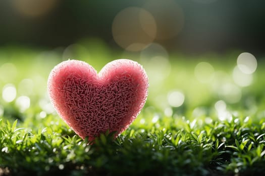 Pink heart on green lawn grass with bokeh background.