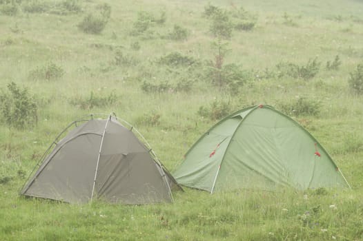 Two tents on a meadow in the mountains, it is raining and foggy, rest in tents.