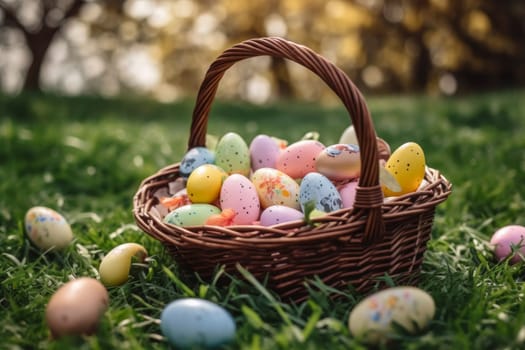 Colorful Easter eggs nestled in a wicker basket amid lush green grass, symbolizing spring festivities.