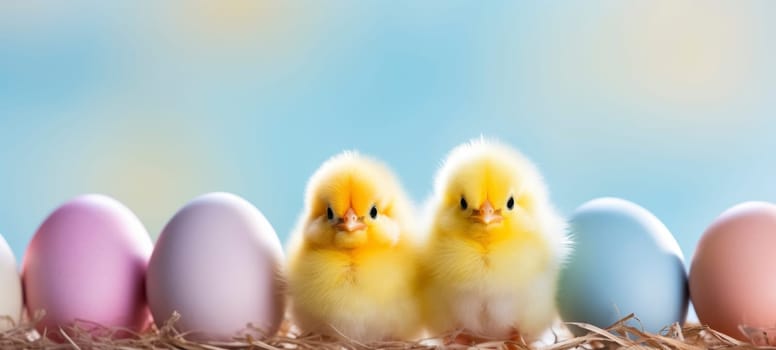Two fluffy yellow chicks sitting beside pastel-colored Easter eggs on a gentle blue background.