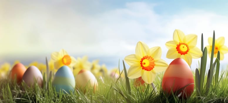 Vibrant Easter eggs nestled among fresh daffodils on a sunny grass field, symbolizing spring and renewal.