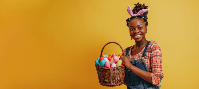 Smiling African American woman wearing bunny ears and holding a colorful Easter egg basket.