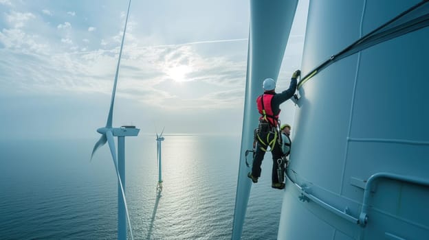 A team is constructing a wind turbine in the ocean, blending water, wind, and adventure to generate sustainable energy. AIG41