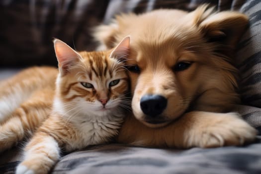 a puppy and a kitten sleep on a sofa. Generative AI.