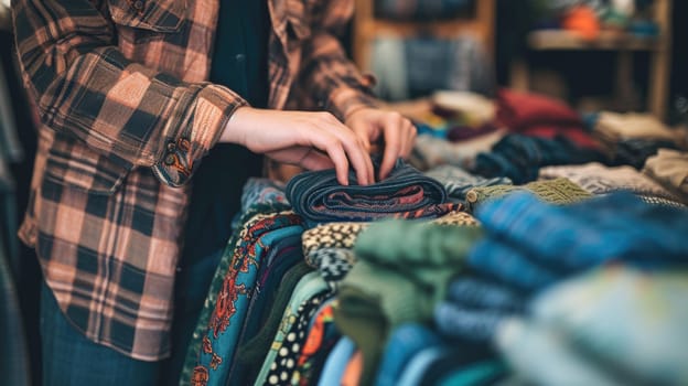 Close-up of a person's hands browsing through a colorful selection of clothing at a vintage fashion store. AIG41