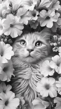 A cat is surrounded by flowers in a black and white photo