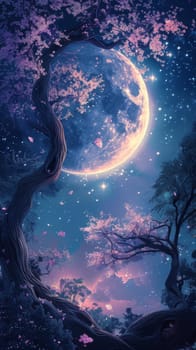 A painting of a moon and trees in the night sky