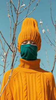 A person wearing a mask and sweater in front of bare trees