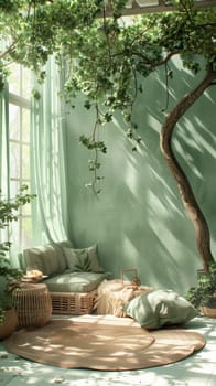 A living room with a couch, rug and potted plants