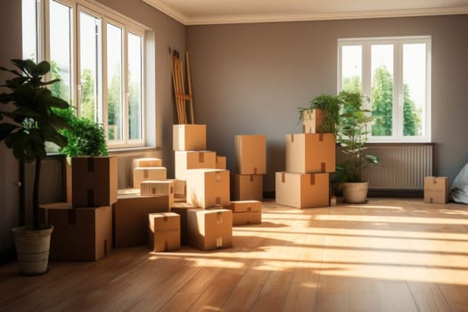 Move Cardboard boxes and cleaning things for moving into a new home. Generative AI.