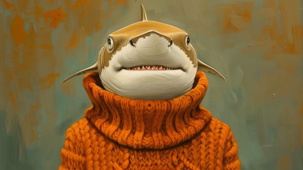 A painting of a shark wearing an orange sweater and holding a fish