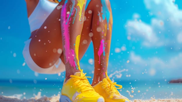 A woman in yellow sneakers with colorful paint splattered on her legs