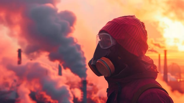 A man wearing a gas mask and red jacket standing in front of smoke stacks