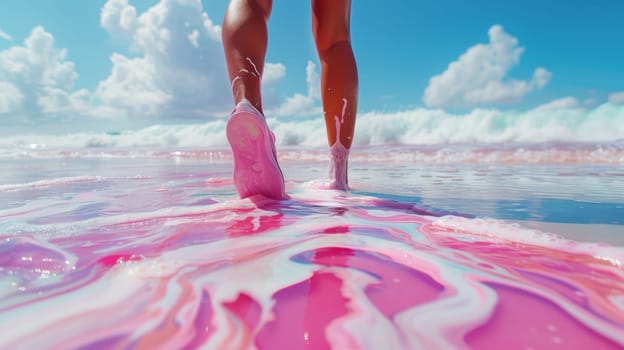 A person walking on a beach with pink and white paint