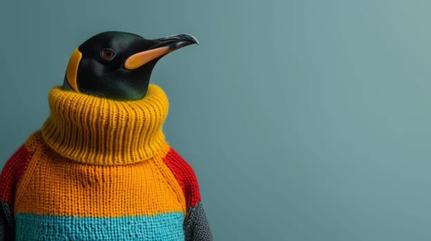 A penguin wearing a colorful sweater with an orange beak