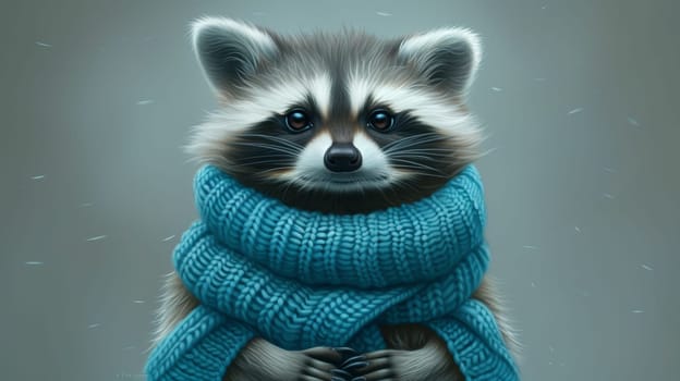 A raccoon wearing a blue scarf and holding onto something