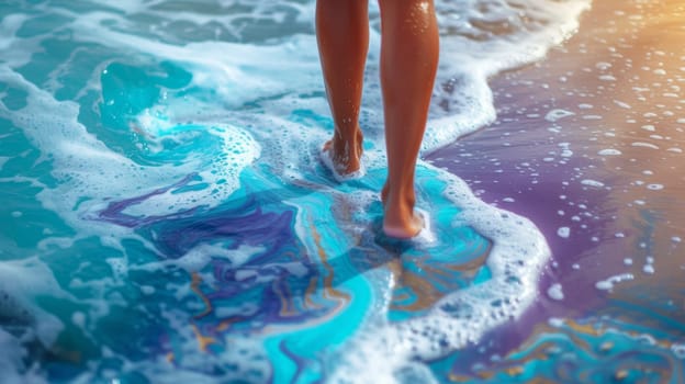 A close up of a woman's feet walking on the beach