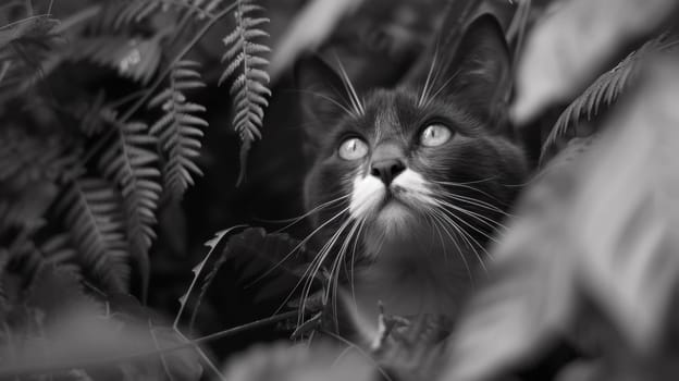 A black and white photo of a cat looking up through the leaves