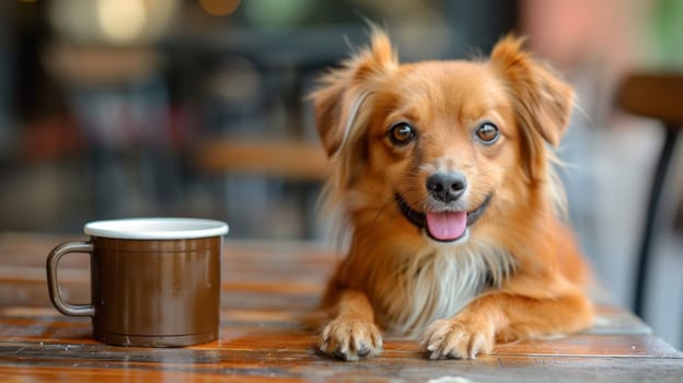 A brown dog sitting on a wooden table next to a coffee cup