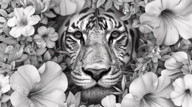 A tiger is surrounded by flowers in a black and white photo