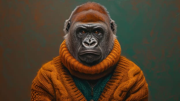 A gorilla wearing a sweater and looking at the camera