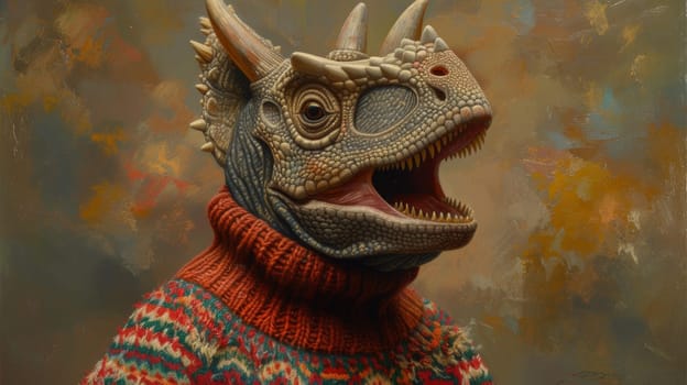 A painting of a dinosaur wearing an ugly sweater and horns