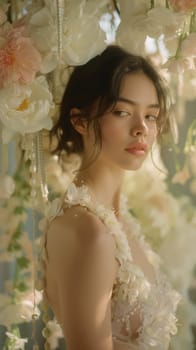 A woman in a white dress with flowers on her head