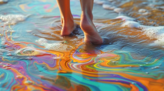 A person standing in a puddle of colorful water with their feet