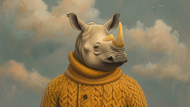 A rhino wearing a sweater with birds in the background
