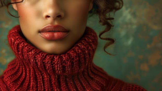 A woman with curly hair wearing a red sweater and looking at the camera