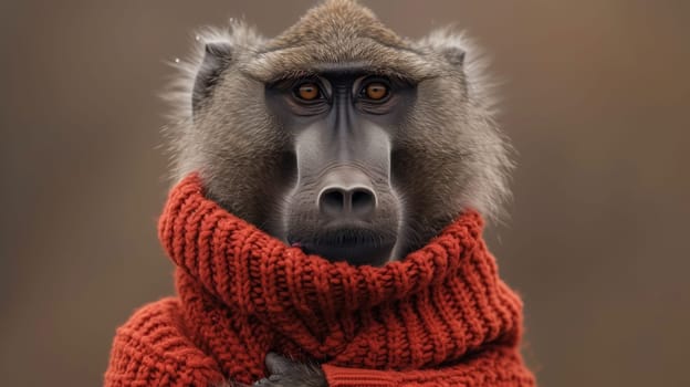 A baboon wearing a red scarf and looking at the camera
