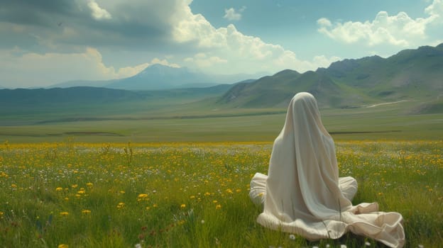 A woman in a white robe sitting on the ground with mountains and flowers