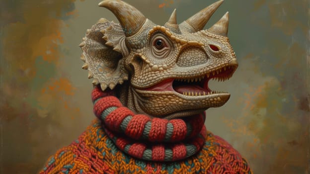 A painting of a dinosaur wearing an ugly sweater