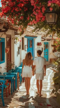 A couple walking down a street with flowers and blue chairs