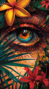 A close up of a painting with an eye surrounded by flowers