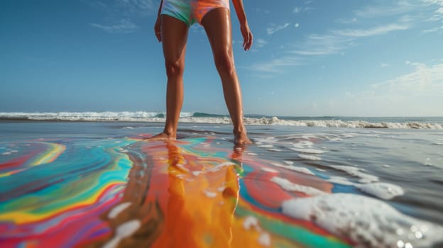 A woman standing on a surfboard in the ocean with waves