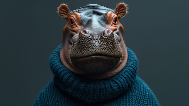 A close up of a hippo wearing an oversized sweater