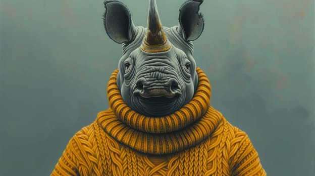 A rhino wearing a sweater with horns on it's head