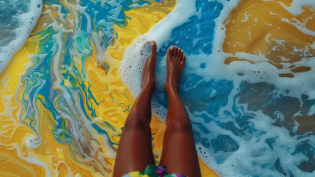 A person standing in a pool of colorful water with their feet