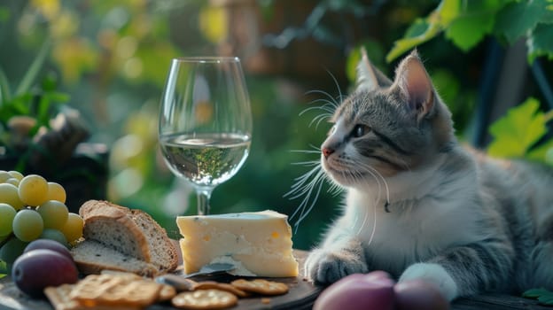 A cat sitting next to a glass of wine and cheese