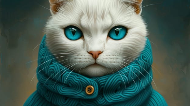 A white cat wearing a blue sweater with big eyes