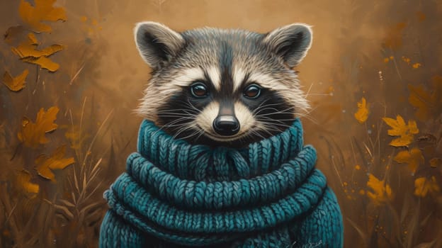 A painting of a raccoon wearing an ugly sweater and scarf