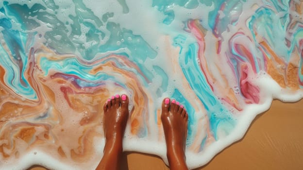 A person's feet are in the water with a colorful ocean
