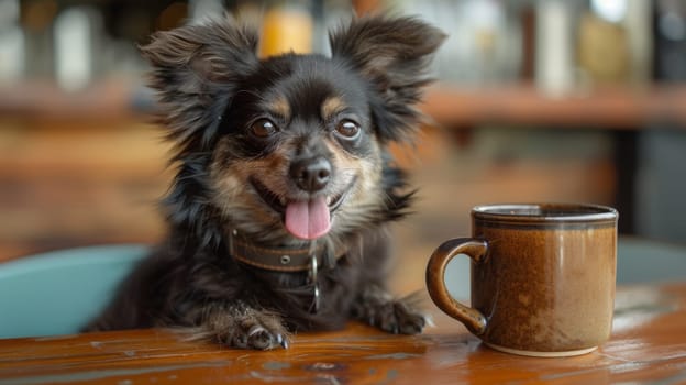 A small dog sitting on a table next to a coffee cup