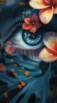 A painting of a blue eye surrounded by flowers and leaves