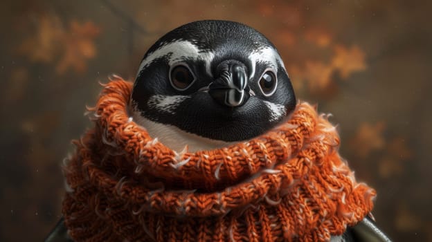 A penguin wearing a scarf and looking at the camera