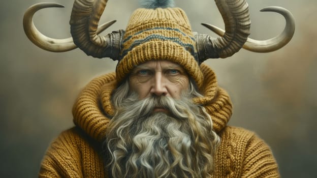 A man with long beard and horns wearing a knitted hat