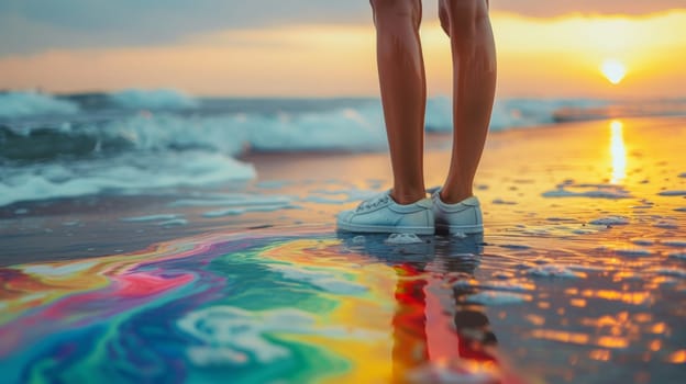 A person standing on a beach with colorful paint splattered all over the sand
