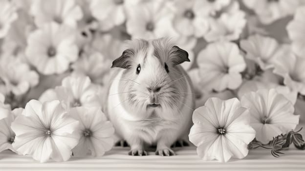 A guinea pig is surrounded by flowers in a black and white photo