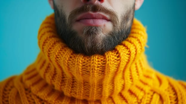 A man with a beard wearing an orange sweater